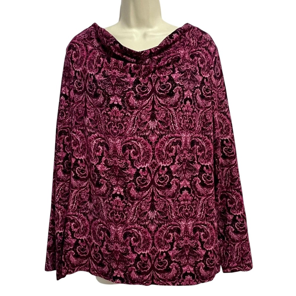 Talbots Shirt Womens Large Pink Black Damask Cowl Neck Long Sleeve Stretch Knit